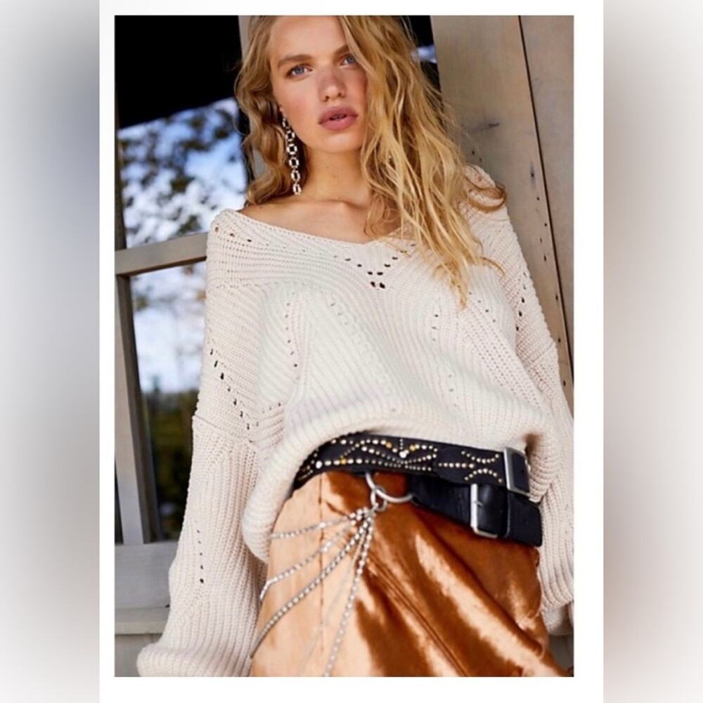 Free People All Day Long V-Neck Chunky Knit Cotton Blend Fall Sweater Size SP